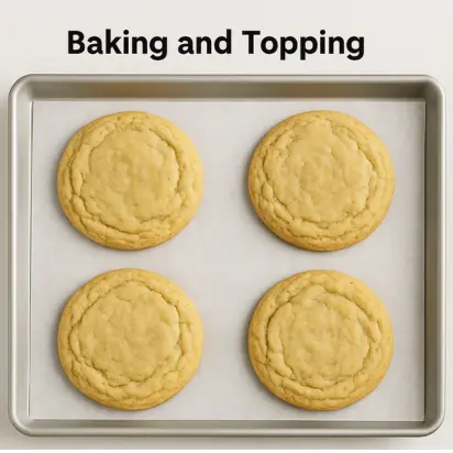 COPYCAT CRUMBL COOKIES DUPE RECIPE IN 2026 6 Golden oversized cookies baking in the oven with crispy edges and soft centers for the Crumbl Cookie Dupe recipe.