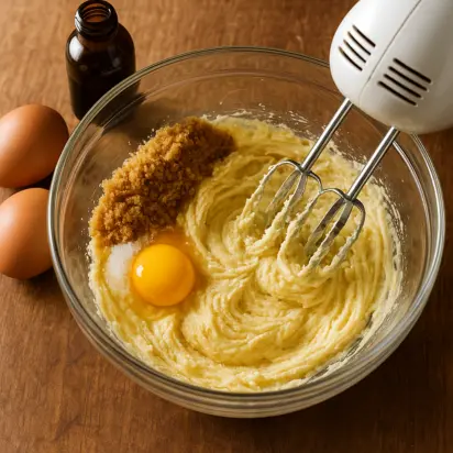 COPYCAT CRUMBL COOKIES DUPE RECIPE IN 2026 3 Overhead shot of butter, brown sugar, white sugar, egg, and vanilla being mixed in a glass bowl for the Crumbl Cookie Dupe recipe.