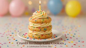 Professional hero image of stacked Crumbl Birthday Cake Cookies styled as a mini birthday cake tower with frosting layers, rainbow sprinkles, and a lit candle on top, set against a festive pastel party background.