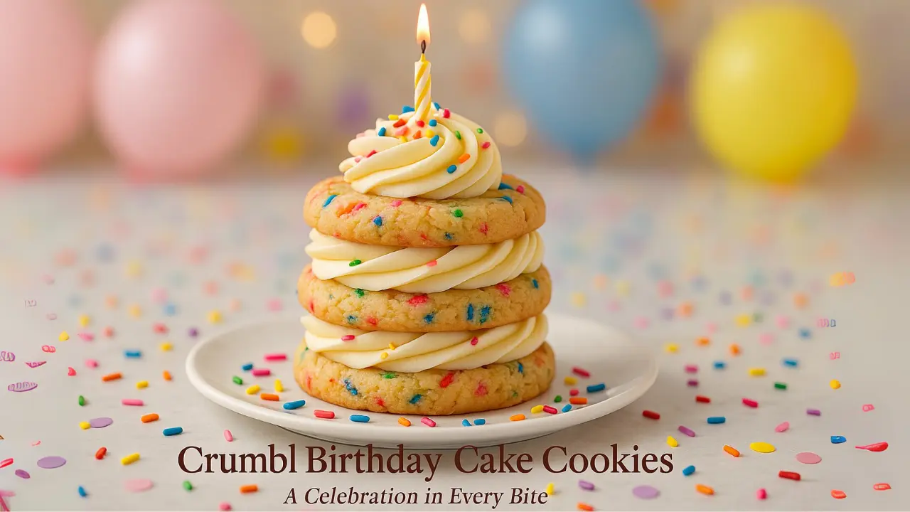 Professional hero image of stacked Crumbl Birthday Cake Cookies styled as a mini birthday cake tower with frosting layers, rainbow sprinkles, and a lit candle on top, set against a festive pastel party background.