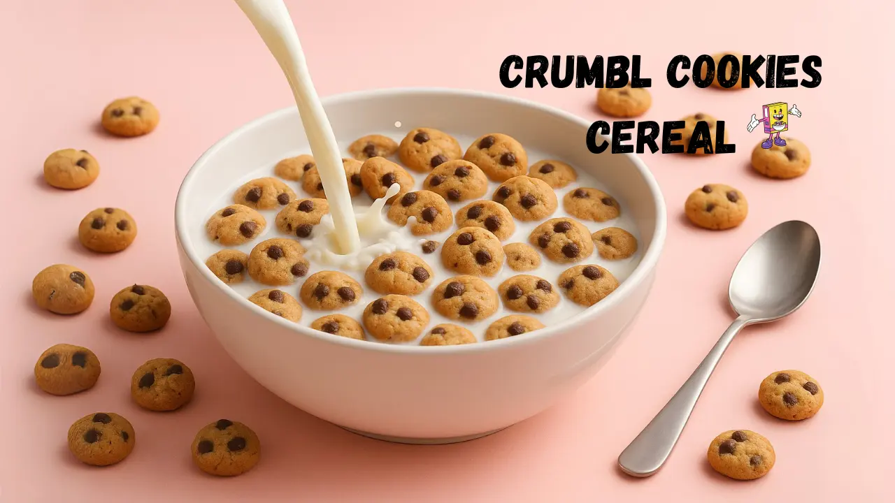 A white ceramic bowl filled with mini chocolate chip cookies styled as cereal, with milk being poured in, placed on a pastel pink background with scattered cookies and a silver spoon.