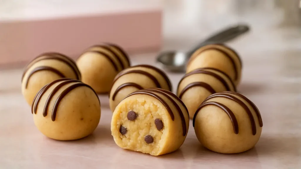 Are Crumbl Cookie Dough Bites Still Available in 2026? 2 Close-up landscape photo of bite-sized Crumbl cookie dough bites drizzled with chocolate, arranged on a pink marble surface. One dough bite is cut open in the foreground, showing a creamy interior with chocolate chips, with blurred bakery tools and a pastel box in the background.