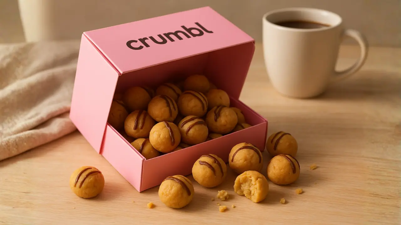 Open pink Crumbl bakery box spilling golden, bite-sized cookie dough balls onto a light wooden table, with creamy texture and chocolate drizzle visible. A blurred white coffee cup and soft linen napkin appear in the background. Natural morning sunlight casts warm, soft shadows, highlighting the bites. Landscape orientation, cozy and inviting dessert scene.