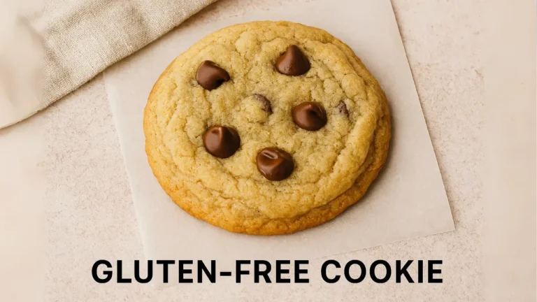 Gluten-free cookie featuring chocolate chips, placed on a white plate with a rustic wooden background.