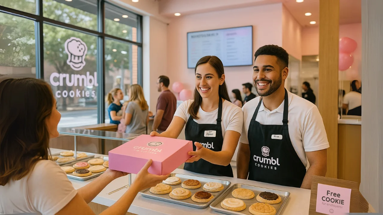 Smiling Crumbl Cookies employees in black aprons hand a pink cookie box to a customer inside a bright, modern bakery with the crumbl cookies jobs board on side.