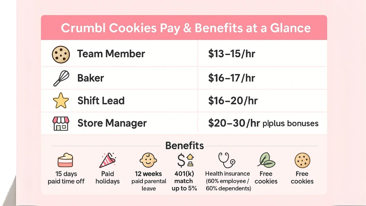 Flat vector infographic showing Crumbl Cookies jobs pay ranges for team member, baker, shift lead, and store manager, plus benefits like PTO, 401(k) match, health insurance, and free cookies.