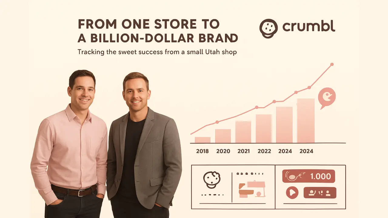 Infographic illustrating Crumbl founders and Crumbl Cookies’ revenue growth from $10 million in 2019 to $400 million+ in 2022, with data tables, upward graphs, and visuals of Crumbl ambassadors promoting the brand.