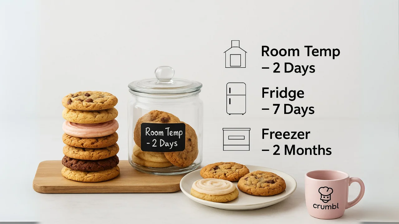 Visual guide comparing Crumbl cookies stored at room temperature, fridge, and freezer with time durations answering how long do crumbl cookies last.