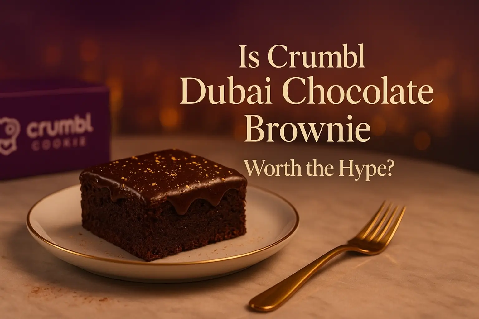 A rich Crumbl Dubai Chocolate Brownie sits on a white plate with gold trim beside a golden fork. The brownie is topped with glossy dark chocolate ganache and gold flakes, with a Crumbl-branded purple box and soft golden city lights in the background. Text overlay reads: “Is Crumbl Dubai Chocolate Brownie Worth the Hype?”