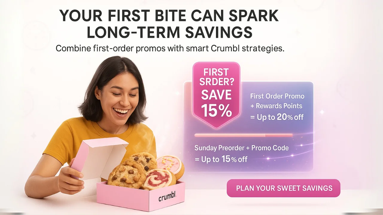 First-time customer opening a pink Crumbl box with cookies while a holographic savings chart displays stacking discount strategies of Crumbl promo codes.