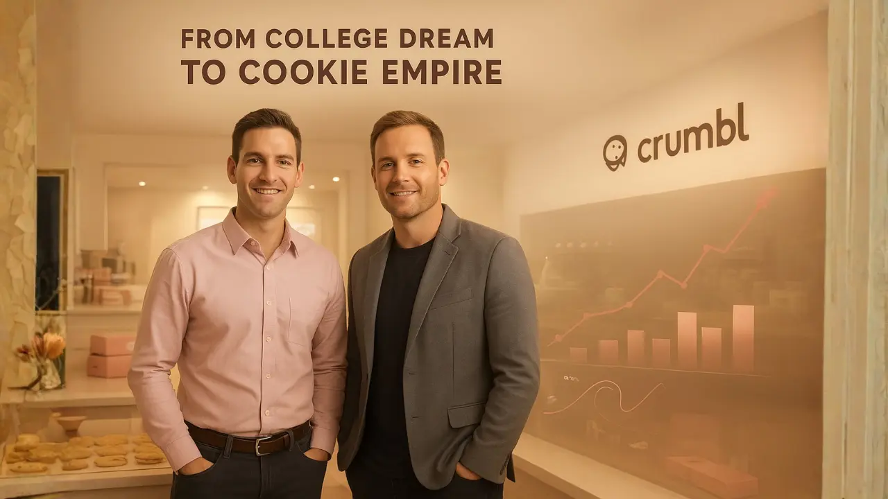 Infographic showing Crumbl founders Sawyer Hemsley and Jason McGowan, their mission to reinvent desserts, early story timeline, and brand milestones using pink and white vector visuals.