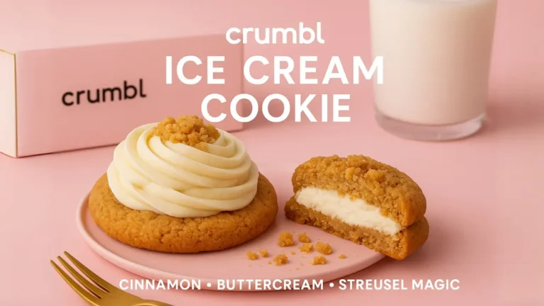 A close-up shot of a Crumbl Ice Cream Cookie topped with smooth buttercream and crunchy streusel, highlighting its soft, gooey texture.