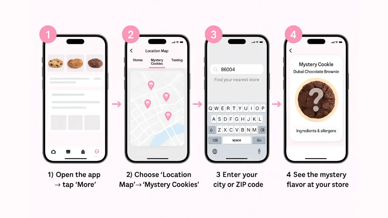 Step-by-step guide to the Crumbl Mystery Cookie Map: tap More, open Location Map, select Mystery Cookies, enter ZIP, reveal the mystery flavor