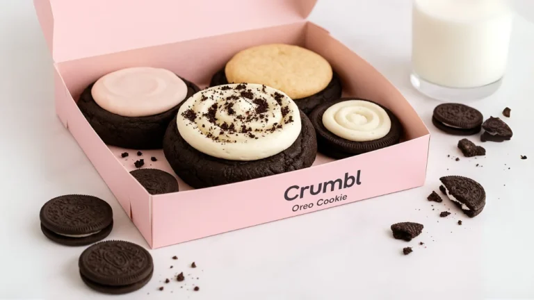 Oversized Oreo Crumbl Cookie with cream cheese frosting swirl and Oreo crumbs inside a Crumbl bakery box, surrounded by assorted cookies and Oreo pieces.