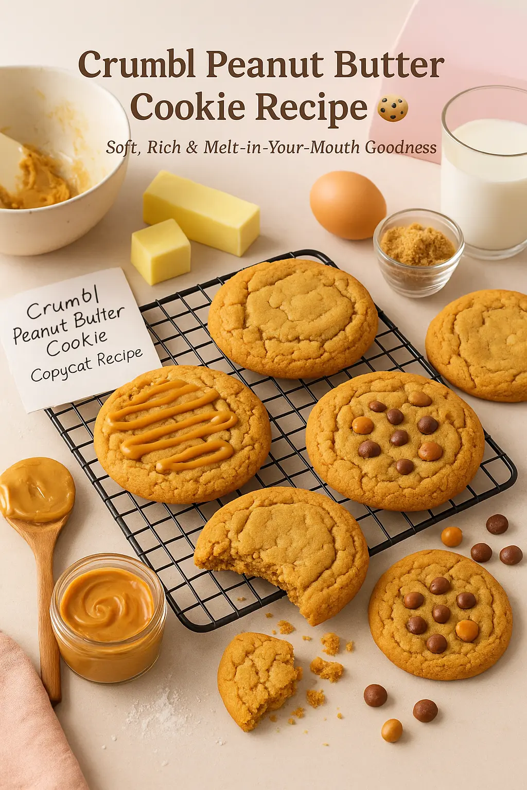 Crumbl Peanut Butter Cookie Recipe, Price & Calories 2026 3 Overhead flat-lay of Crumbl Peanut Butter Cookies on a cooling rack, featuring golden-brown cookies with peanut butter drizzle and candy toppings, surrounded by baking ingredients like butter, brown sugar, peanut butter jar, egg, and a glass of milk, with a handwritten recipe card labeled ‘Crumbl Peanut Butter Cookie Copycat Recipe.