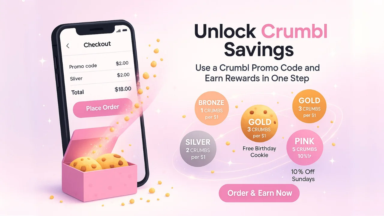 Smartphone showing Crumbl checkout with applied Crumbl promo code, connected to cookie planets representing rewards tiers in a cosmic design.
