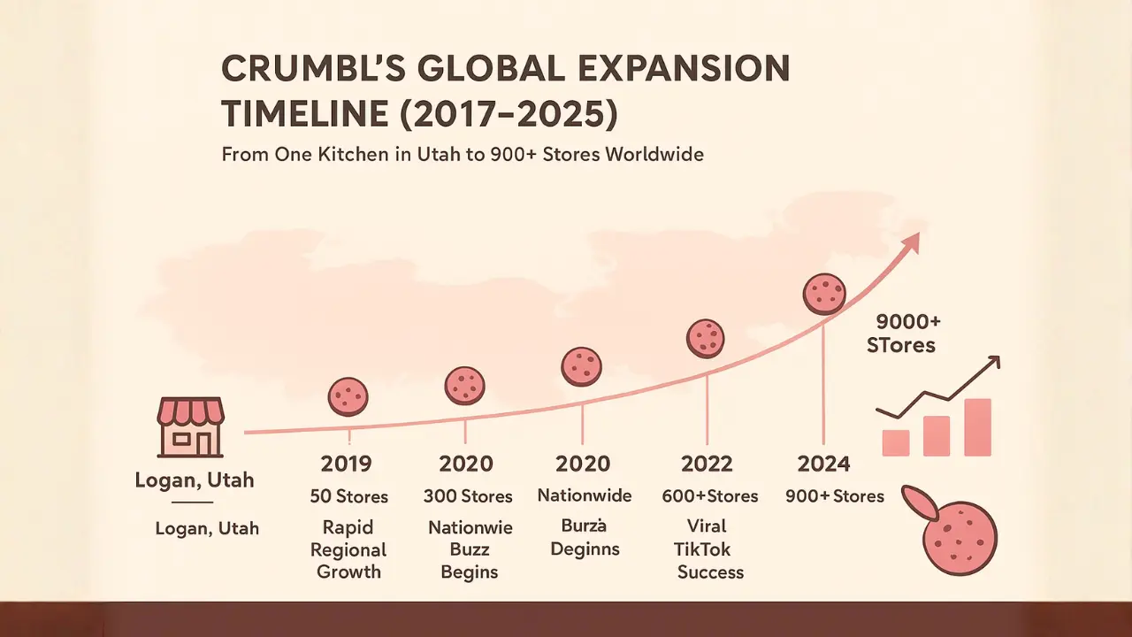 Infographic showing Crumbl Cookies’ expansion from the first store in Logan, Utah, in 2017 to over 900 stores worldwide by 2025, with a timeline, cookie icons, and store growth chart.