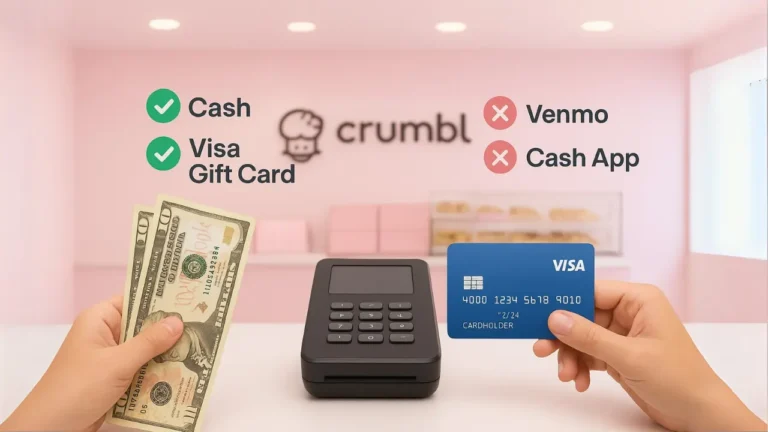 Illustration of a Crumbl Cookies store counter with cash and a Visa gift card being used at checkout, highlighting the question does Crumbl take cash alongside other payment methods.