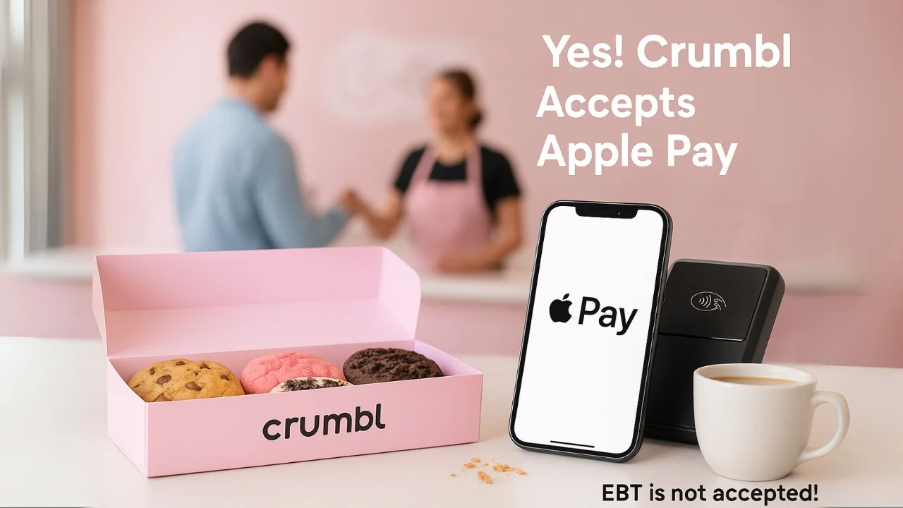 Crumbl Cookies counter with bold text EBT is not accepted, highlighting payment options like Apple Pay