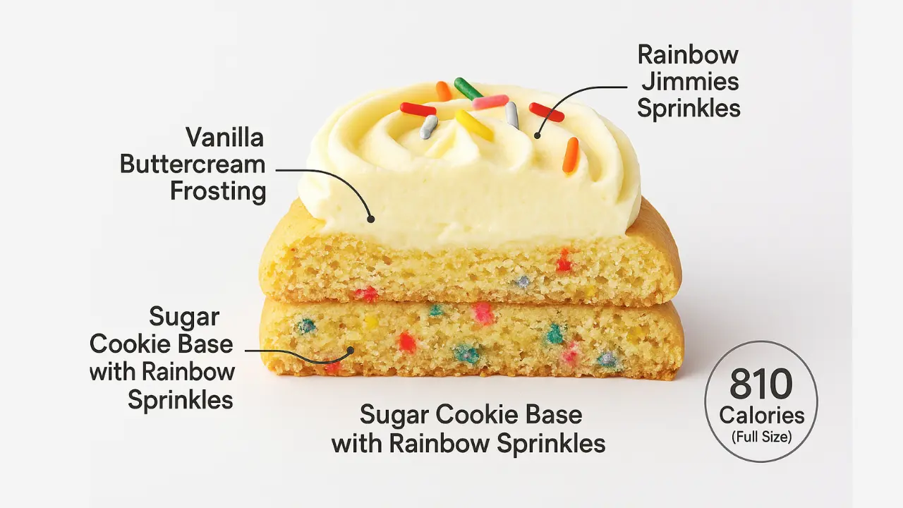 Exploded anatomy infographic of Crumbl Birthday Cake Cookie showing labeled layers: sugar cookie base with rainbow sprinkles, vanilla buttercream frosting, and colorful jimmies on top.