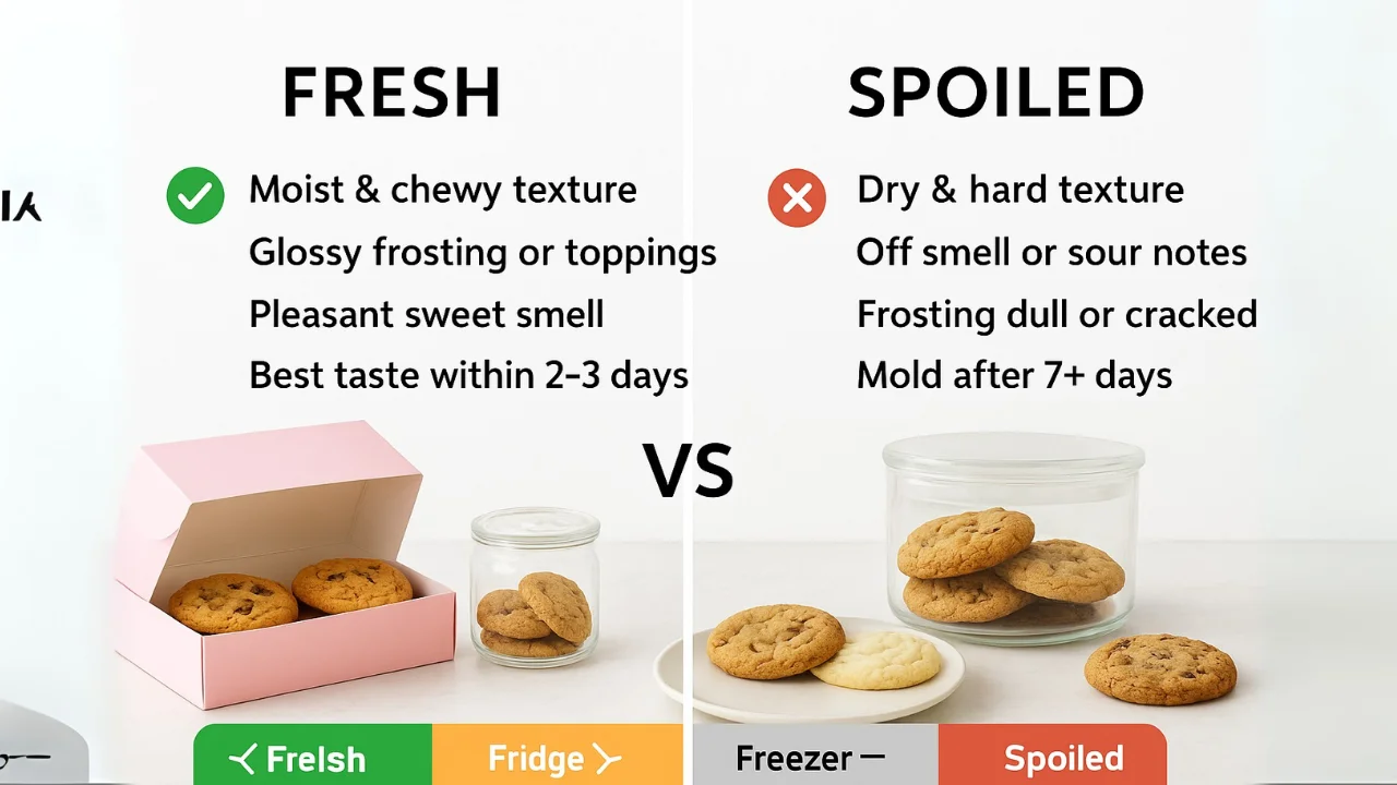 Side-by-side infographic showing fresh Crumbl cookies vs spoiled cookies with storage timeline.