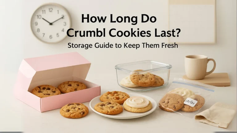 Infographic showing how long Crumbl cookies last at room temperature, in the fridge, and in the freezer.