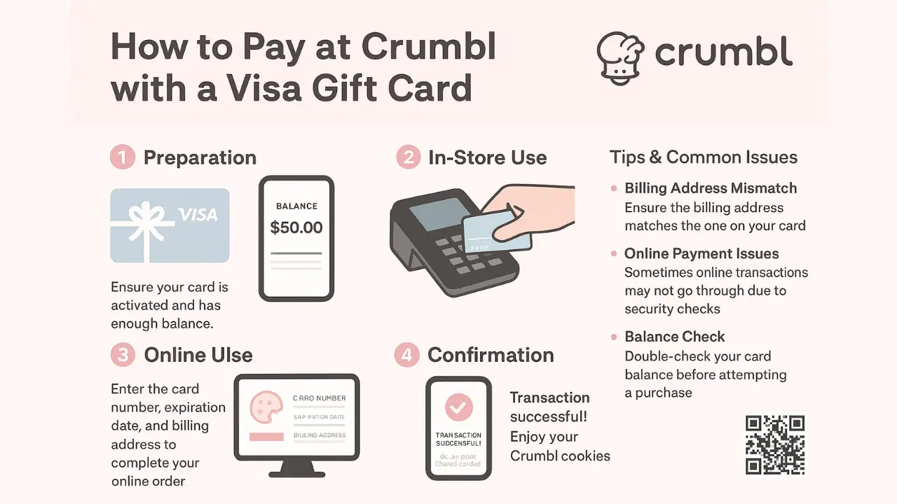Infographic explaining how to use a Visa gift card at Crumbl, connected to the question does Crumbl take cash, showing preparation, in-store use, online checkout, and successful payment.