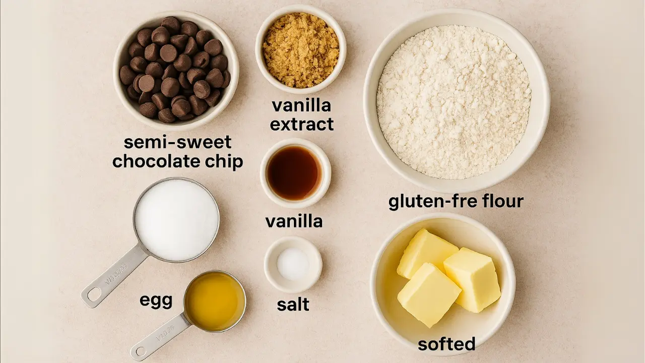 Does Crumbl Have Any Gluten-Free Cookies On The Menu? 2 Ingredients for chocolate chip cookies displayed: flour, sugar, chocolate chips, eggs, and butter arranged on a countertop.