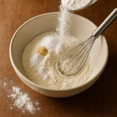 COPYCAT CRUMBL COOKIES DUPE RECIPE IN 2026 4 Ceramic bowl with flour, baking soda, baking powder, and salt being whisked for the Crumbl Cookie Dupe recipe.