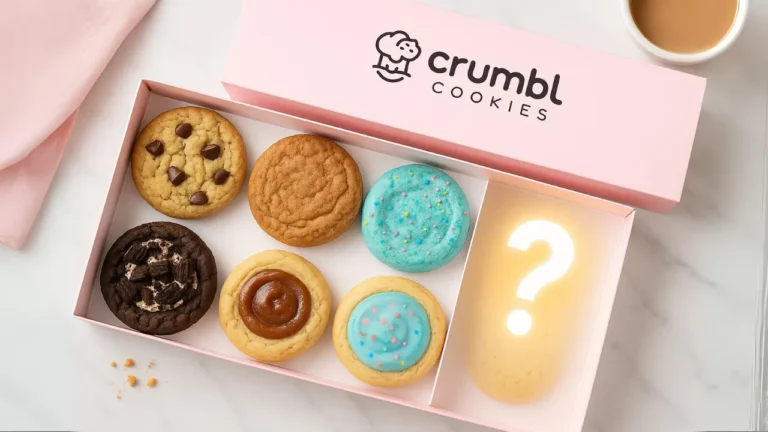 Flat-lay of Crumbl Cookies box with five visible cookies and one glowing mystery cookie slot with a question mark.
