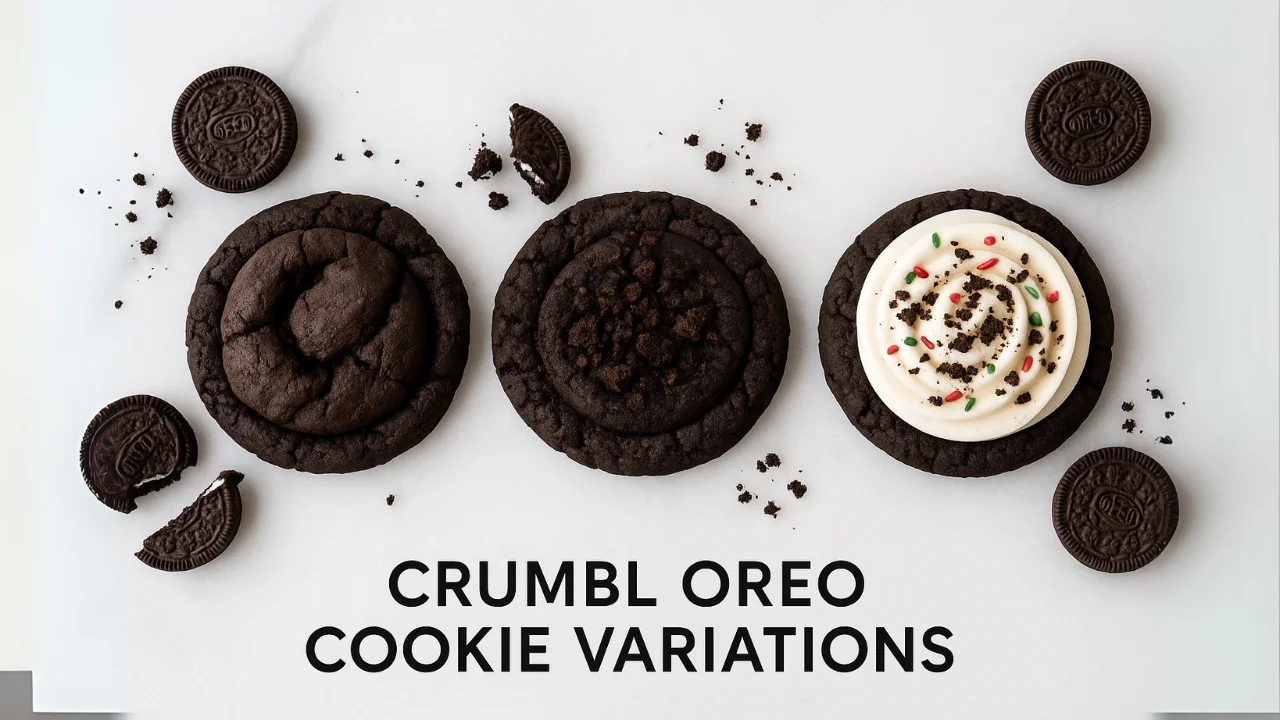 Three Oreo Crumbl Cookies displayed on marble surface: Oreo Mallow Sandwich with marshmallow filling, Double Chocolate Oreo with extra Oreo chunks, and Holiday Oreo Cookie topped with sprinkles and Oreo crumbs.