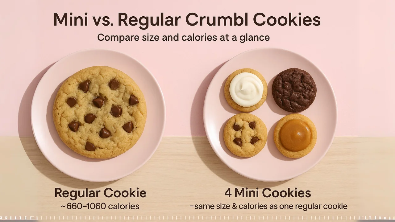 Side-by-side comparison of one regular Crumbl cookie and four Crumbl mini cookies on pastel pink plates, with labels showing “Regular Cookie – ~660–1060 calories” and “4 Mini Cookies – same size & calories,” plus a soft measuring scale for visual size reference.