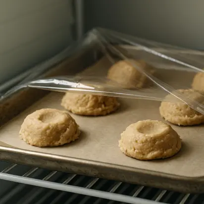 COPYCAT CRUMBL COOKIES DUPE RECIPE IN 2026 5 Large scoops of cookie dough flattened on a parchment-lined tray, chilling in the fridge for the Crumbl Cookie Dupe recipe.