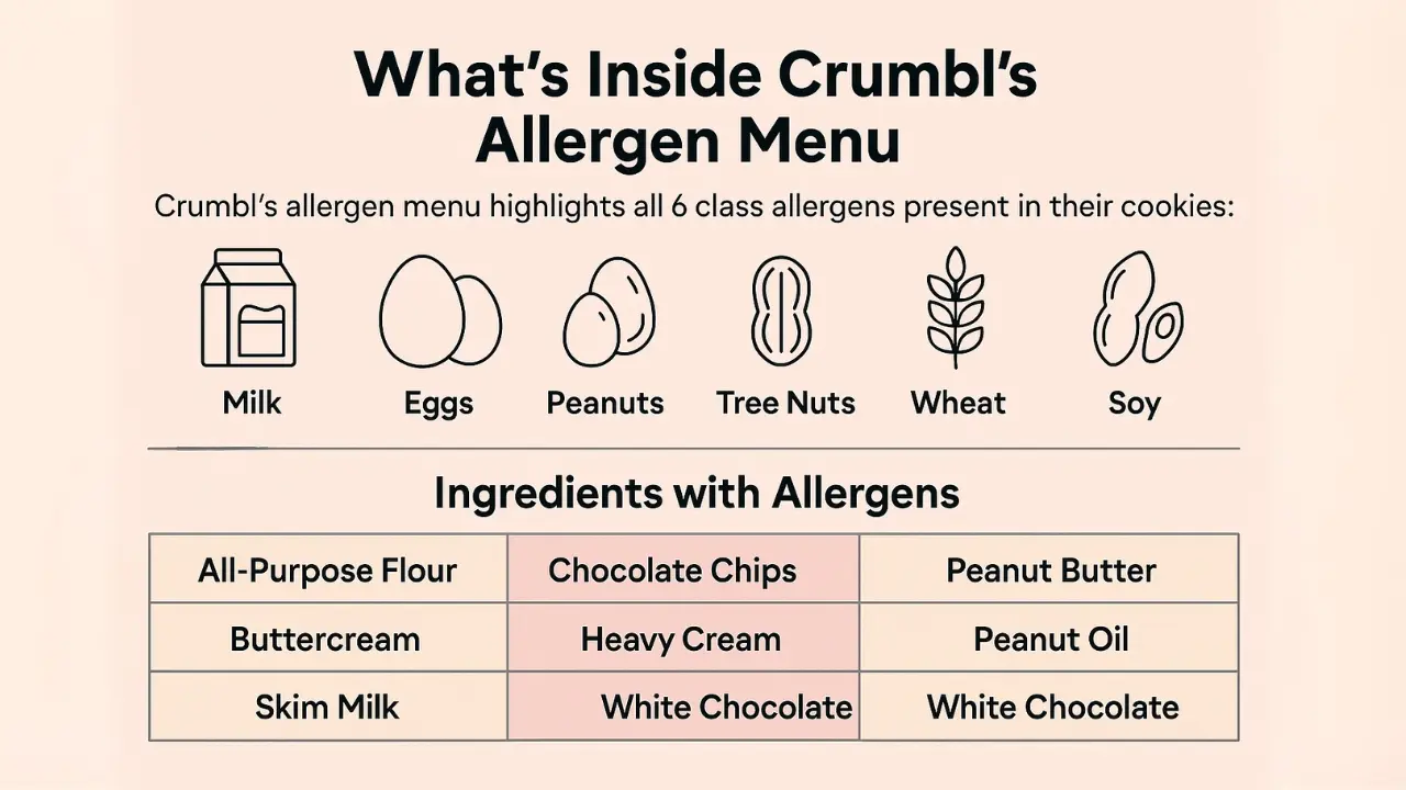 Crumbl allergen menu detailing various eggs, milk, soy, tree nuts and wheat are the allergens present in crumbl cookies.