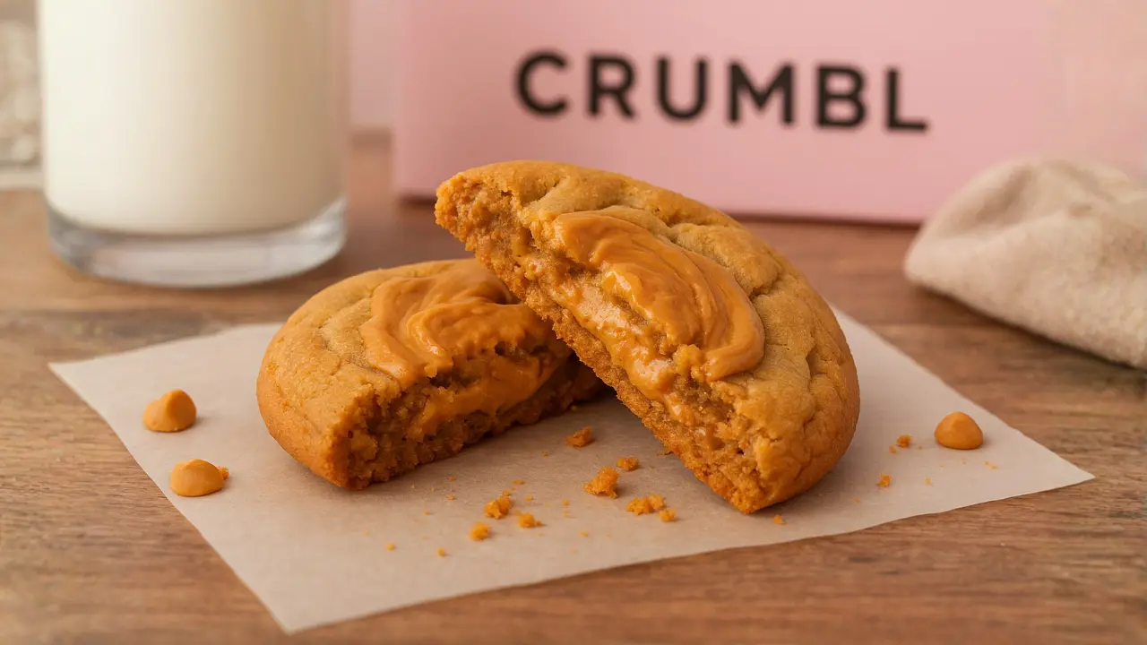 Overhead view of multiple Crumbl Peanut Butter Cookies on a wooden board, one broken to show soft, chewy center with peanut butter swirls, styled with scattered Reese’s pieces and rustic parchment paper