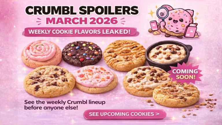 Crumbl spoilers March 2026 promotional graphic showing upcoming weekly cookie flavors and leaked Crumbl cookie lineup for March 2026.
