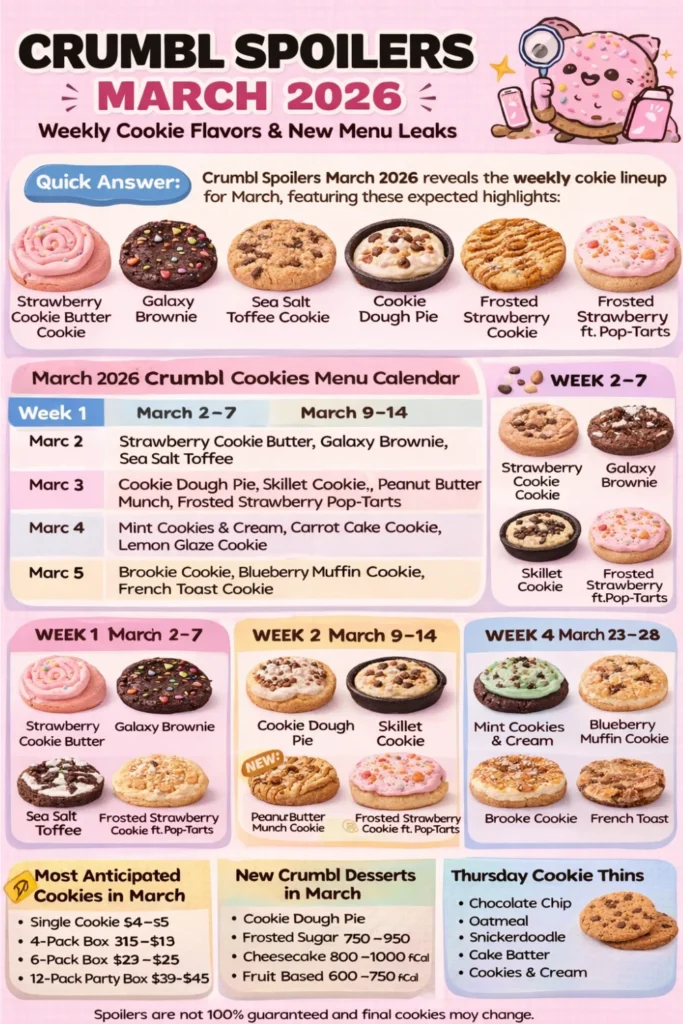 Infographic of Crumbl spoilers March 2026 displaying weekly cookie lineup, expected flavors, and upcoming Crumbl cookie releases.