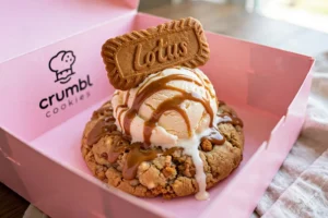Crumbl Biscoff Ice Cream cookie with vanilla ice cream, Biscoff drizzle and a Lotus cookie in a pink Crumbl box