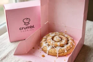 Crumbl Cinnamon Roll cookie with sweet glaze drizzle in a pink Crumbl box
