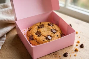 Crumbl Pumpkin Chocolate Chip cookie with melty chocolate chips in a pink Crumbl box