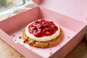 Crumbl Raspberry Cheesecake cookie topped with raspberry and cheesecake frosting in a pink Crumbl box